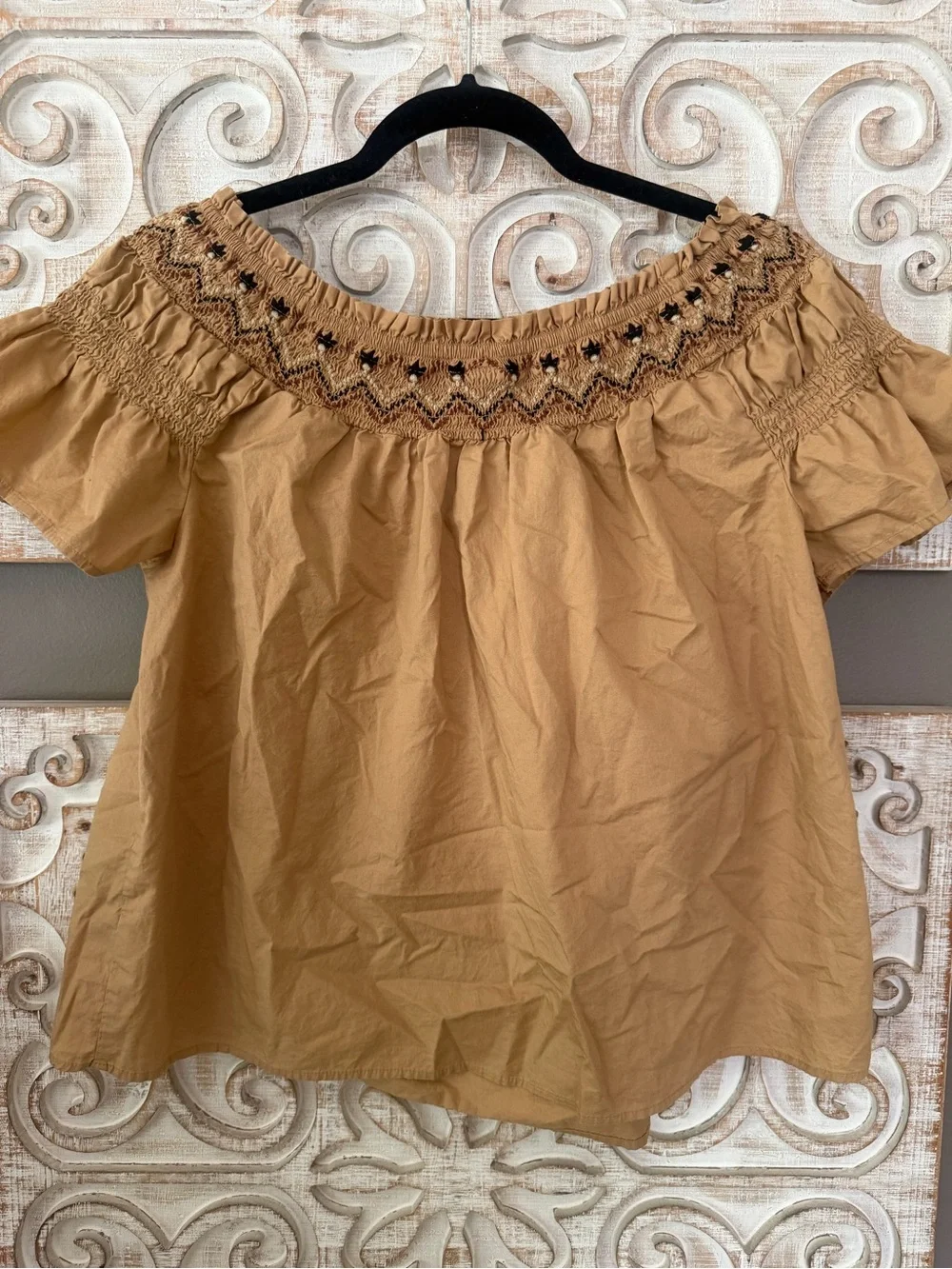 Embroidered Off-Shoulder Smocked Blouse Medium